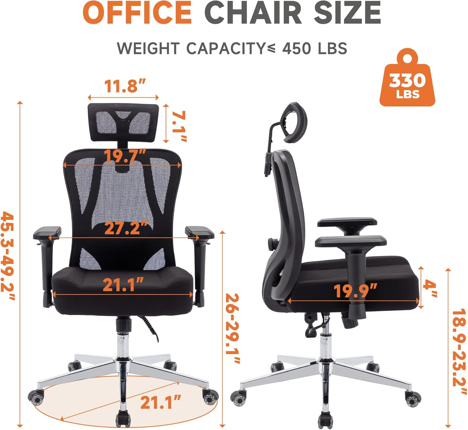 Ergonomic Office Chair,Computer Chair Big and Tall Computer Desk Chair with 4D Armrest,Heavy Duty Mesh Office Chair with Adjustable Lumbar Support with Upgraded Caster Wheels with Headrest image number 4
