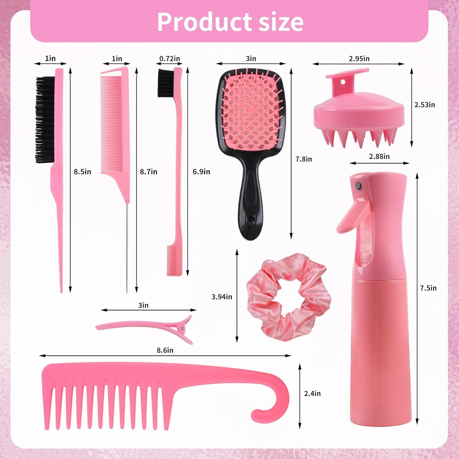 12 Pcs Hair Brush Set, 3 Pieces Slick Back Hair Brushes for Toddlers, Women, Detangling Brush for All Typs of Hair, Edge Bristles Wide Tooth Rat Tail Combs for Baby Girls Boys(Pink) image number 1