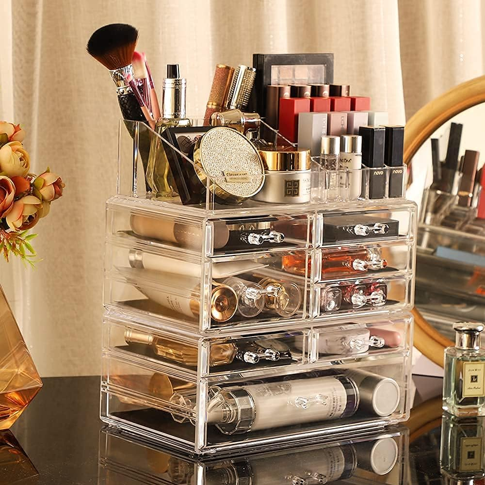 Cq Acrylic 3 Pack Clear Make up Organizer Countertop,Stackable 8 Drawers Makeup Storage,Cute Vanity Organizers for Dresser Hair Clip,Jewelry,Beauty Product Desk and Bathroom Organizers and Storage image number 2
