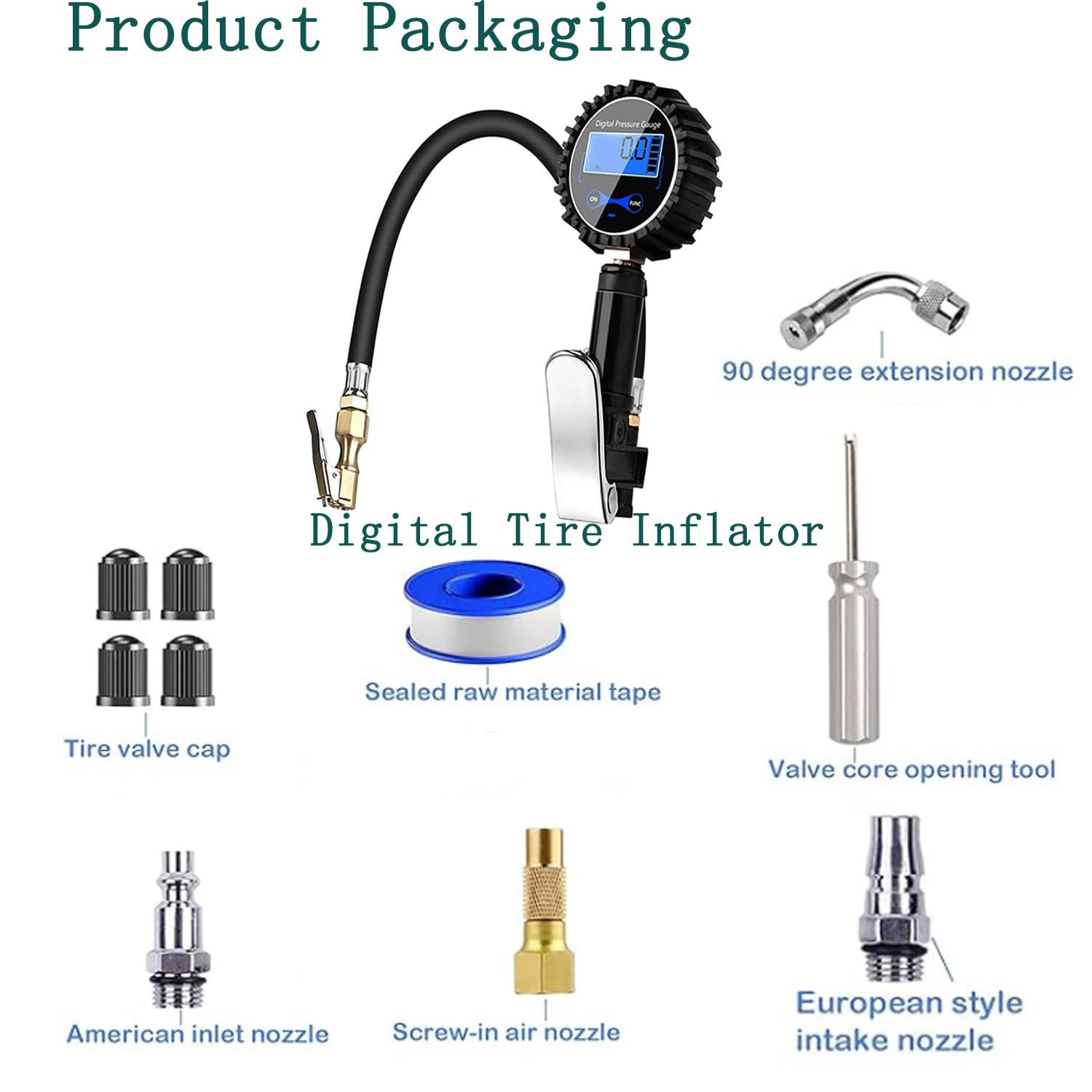 KEWAYO Digital Tire Inflator with Pressure Gauge, 200 PSI Heavy Duty Air Pressure Gauge with Rubber Hose Quick Connect Coupler and Compressor Accessories, for Car Truck Bicycle Motorcycle image number 4