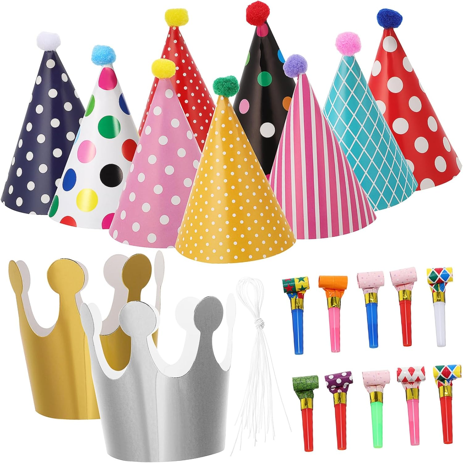 1Set Colorful Party Hats with Paper Crowns and Blowouts Cone Birthday Hats and Party Blowers for Adults Fiesta and Carnival Decorations for Birthday Parties image number 1