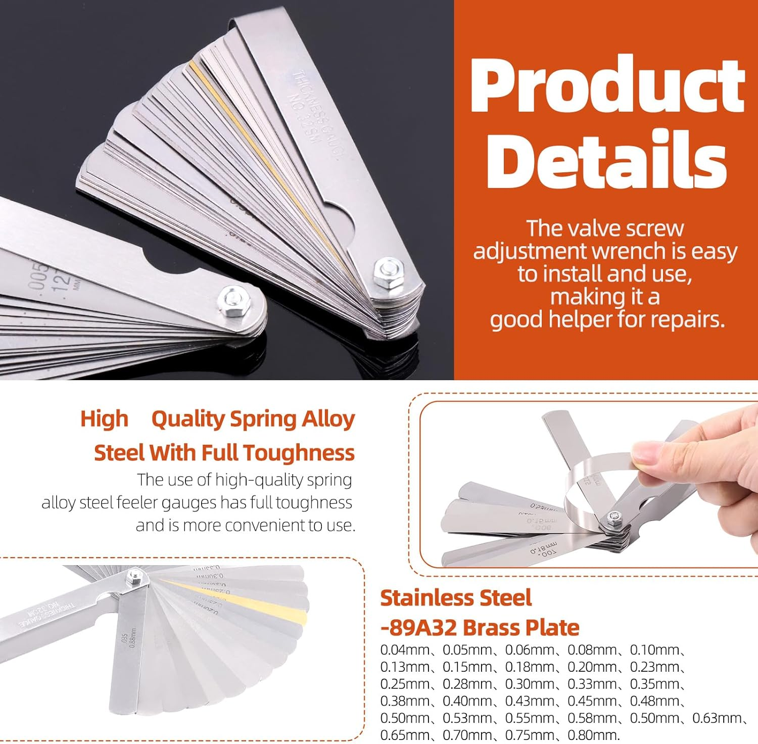 Tanstic 5Pcs Motorcycle Engine Valve Adjustment Tool Set, 8Mm 9Mm 10Mm Valve Screw Spanner, Engine Valve Screw Repair Wrench, Valve Adjusting Square Hexagonal Spanner with Feeler Gauge image number 2