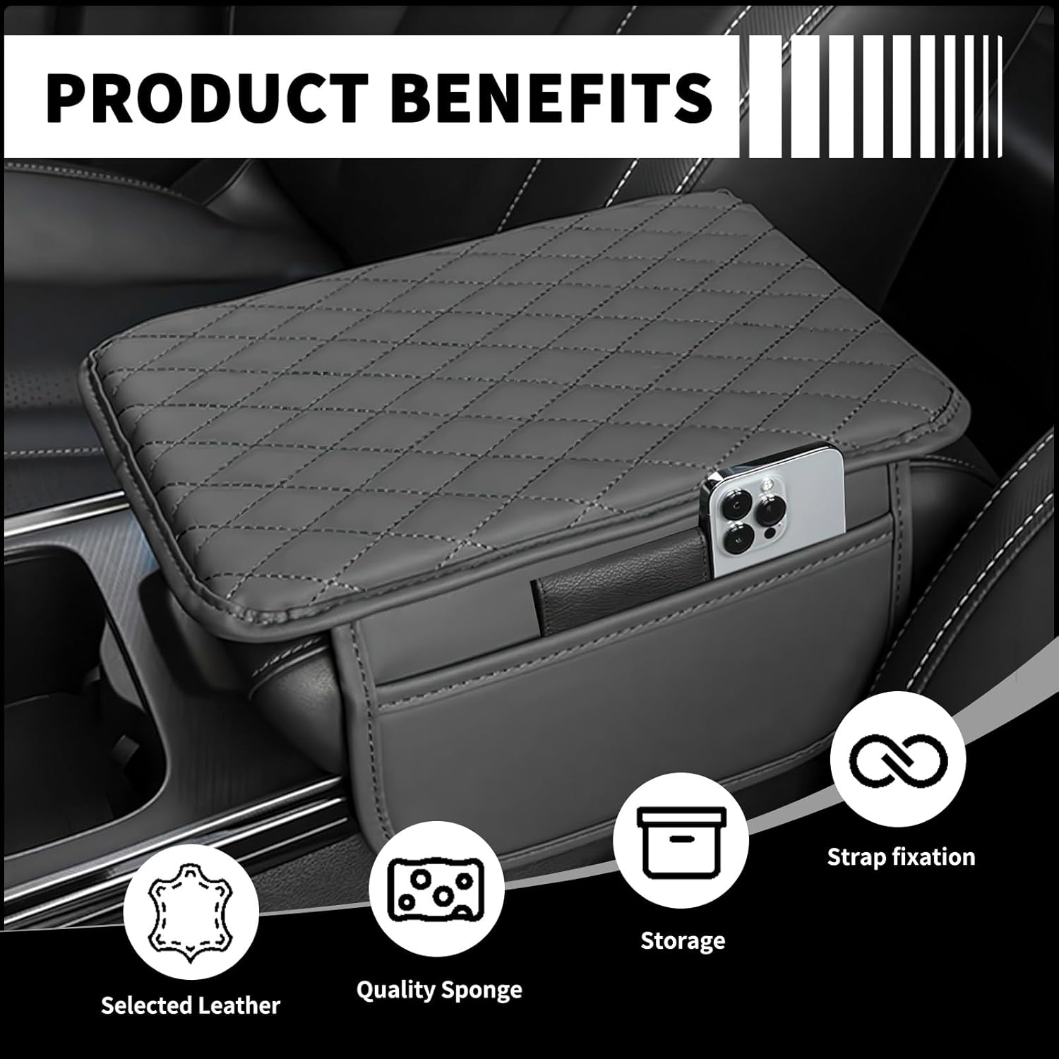 Car Center Console Cover with 2 Storage Bags, Leather Arm Rest Cover for Car Accessories Interior, Auto Universal Middle Console Cover Cushion Protector for Most Vehicle (Grey)