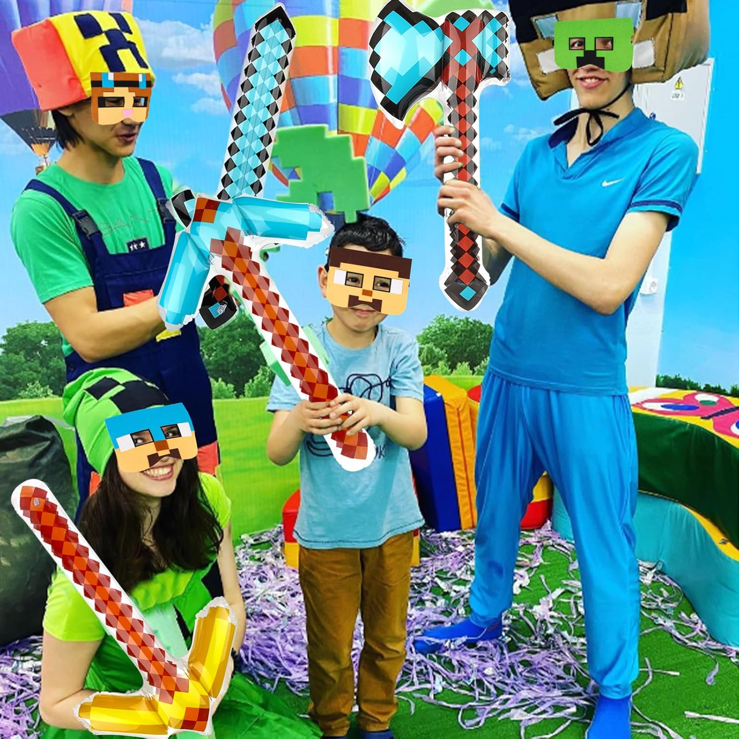 Miner Video Game Party Bag Pixel Party Pack for Children'S Birthday Party Bags, Miner Gamer Children'S Birthday Boy with 6 Balloons and 6 Felt Masks Party Bag Party Birthday Decoration Games image number 1