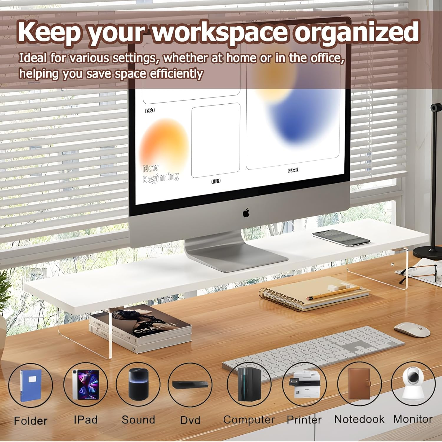 Monitor Stand Riser,Wood & Acrylic Computer Monitor Stand,Desk Organizer Accessories,Multifunctional Desktop Organizer Stand for Laptop, PC, Computer, Printer(White)