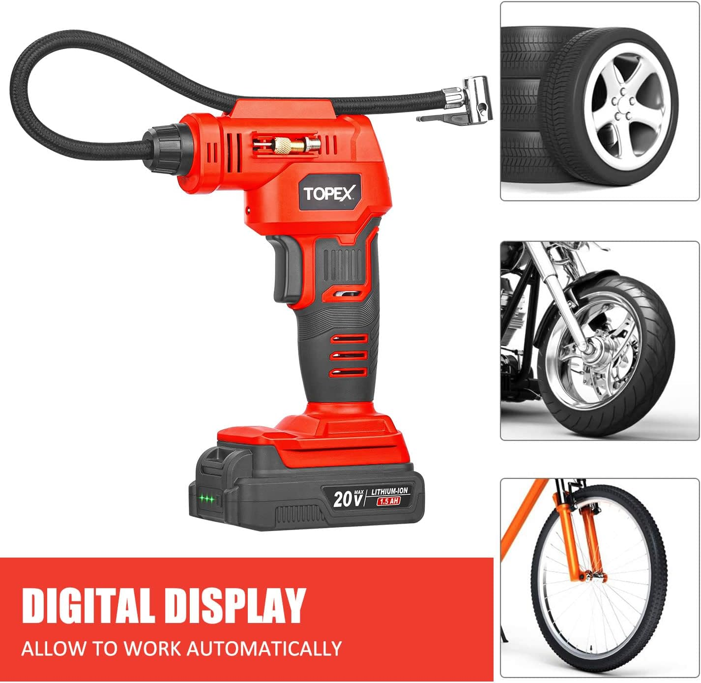 TOPEX 20V Cordless Air Compressor Car Tyre Inflator W/Digital Pressure Gauge LED Light image number 4