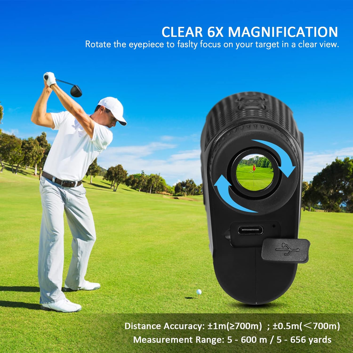 Golf Rangefinder, Professional Precision 656 Yards Range Rechargeable Distance Meter Speed Tester 6X Magnification Golfing Finder image number 5