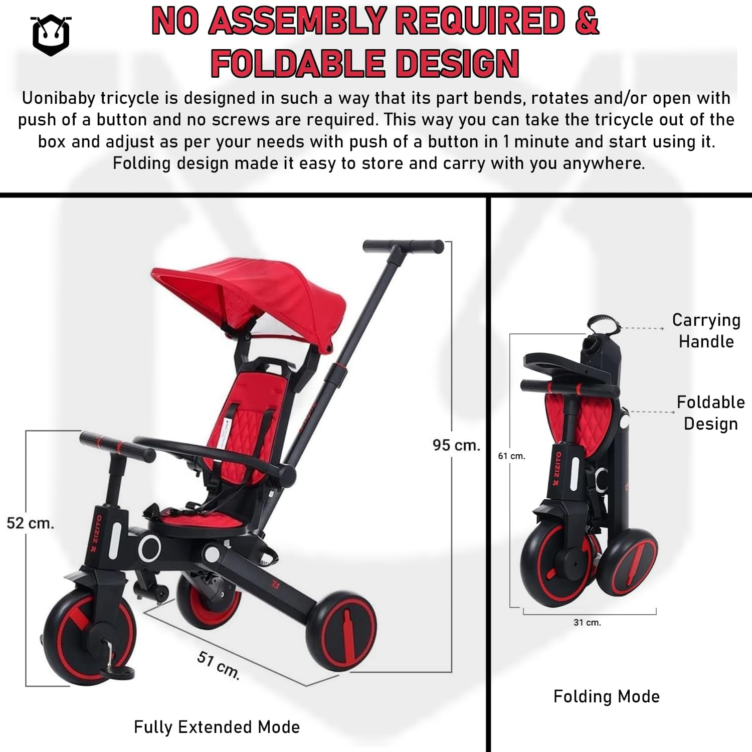 7 in 1 Kids Tricycle with Parent Steering Push Handle. Kids Bike, Balance Bike. Lightweight and Portable Push Bike with Removable Pedals. Toddler Trike with Canopy, Guardrail & Safety Harness (Red) image number 2
