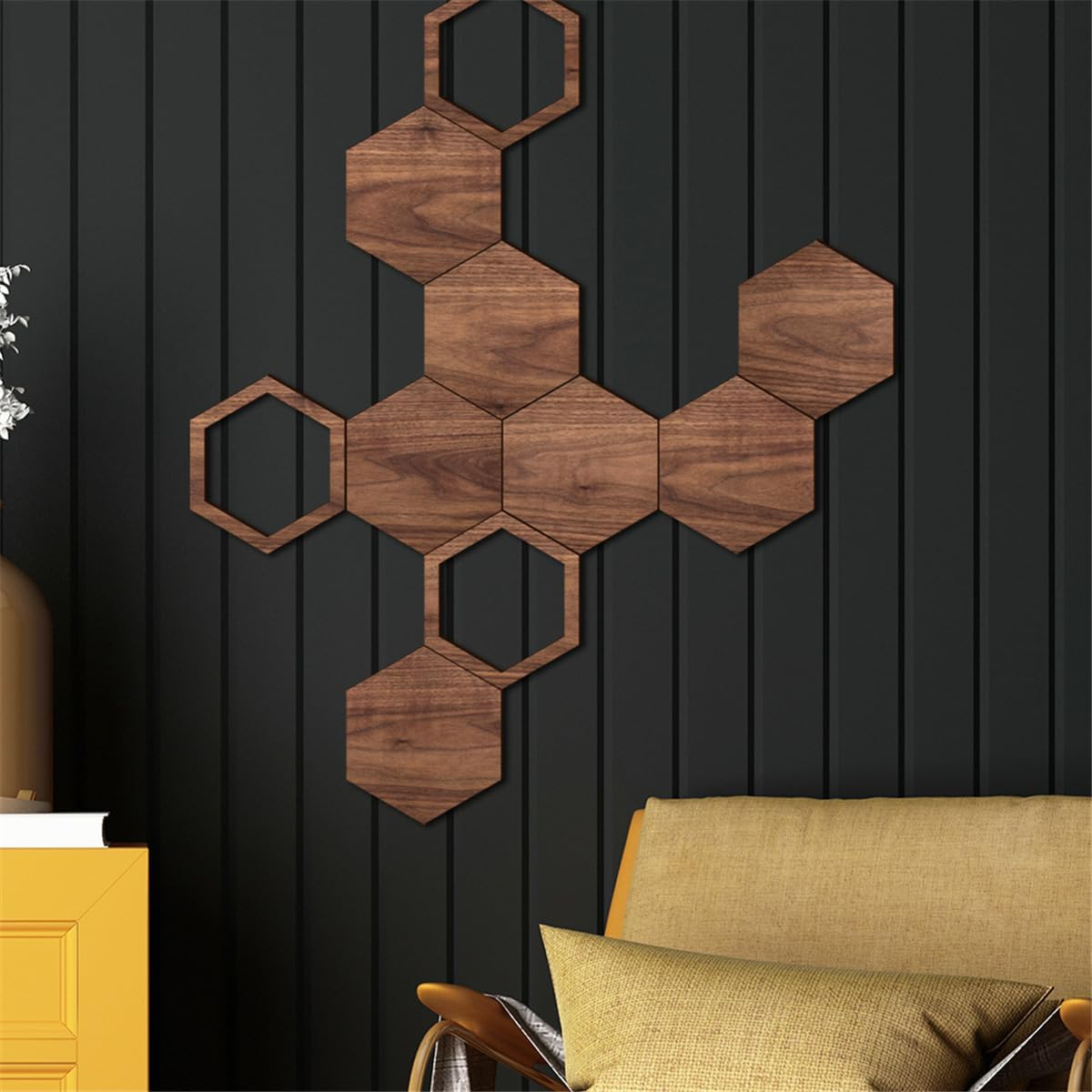 Wooden Hexagon Wall Decor - 10 Pcs Creative Wood Wall Panels, Self Adhesive Hexagon Wall Decals for Living Room, TV Background, Bedroom, DIY Home Decoration image number 2