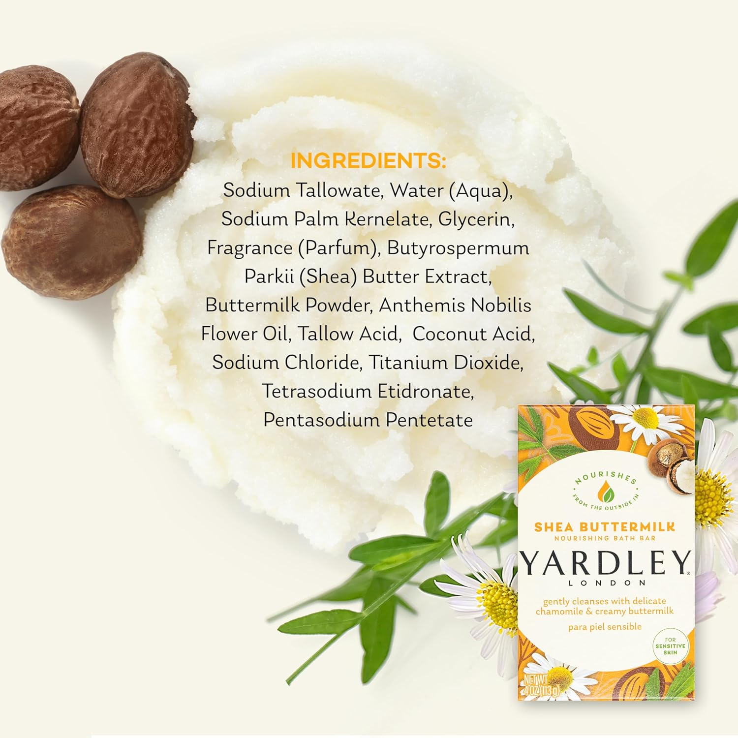 Yardley London Shea Buttermilk Sensitive Skin Naturally Moisturizing Bath Bar, 4.25 Ounce, 2 Count image number 3