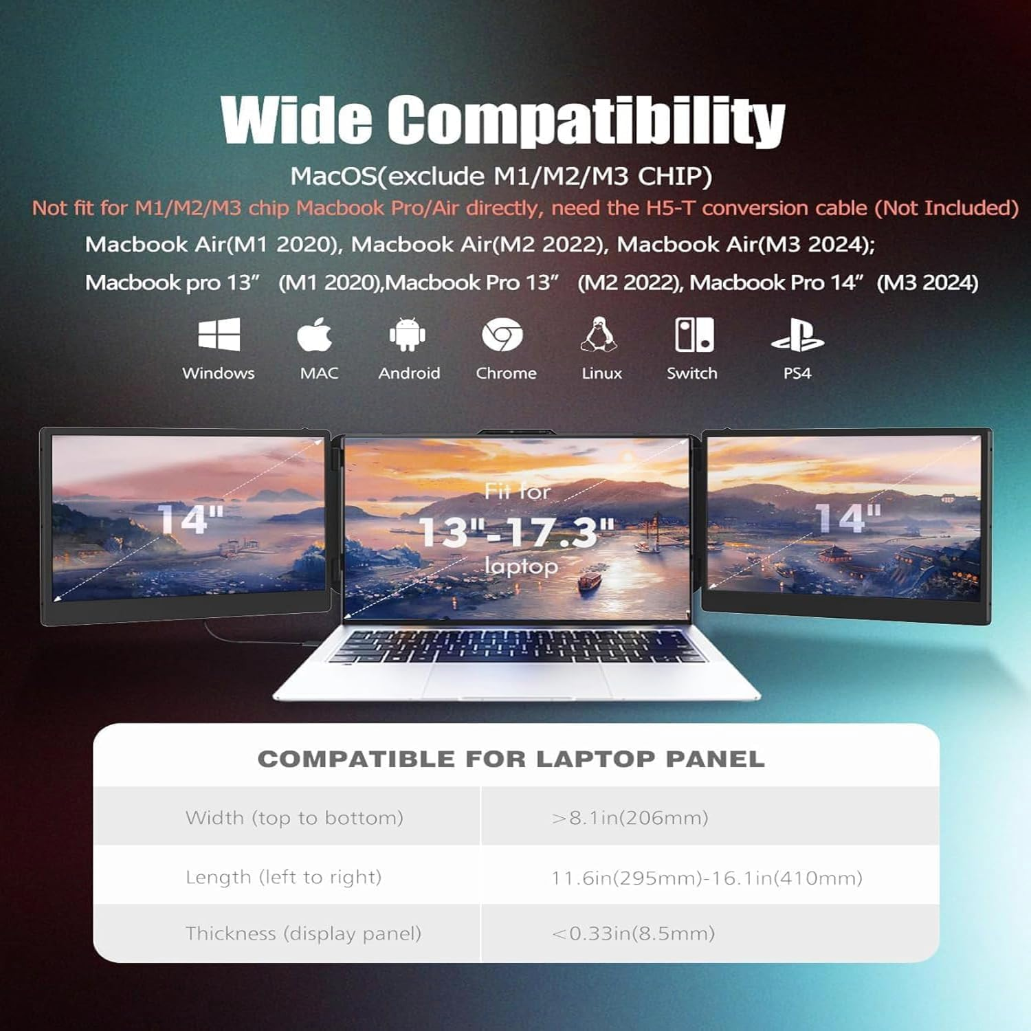 Laptop Screen Extender, 14" Portable Monitor, 1080P FHD Triple Monitor Extender for 13"-17.3" Laptop, HDMI/USB-C for Macbook, Windows, Chrome, Switch, Plug & Play image number 5