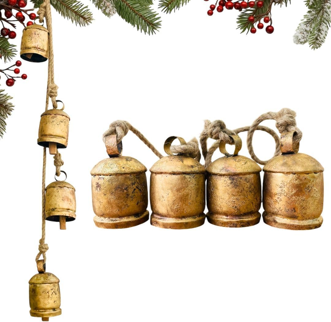 Mie Creation 4 Rustic Bells Cluster, Vintage Christmas Cow Bells on Jute Rope, Handmade Metal Wall Hanging Decor, Iron Cowbells, Christmas Decorations Ornaments for Holidays- Antique Gold 30 Inch image number 2