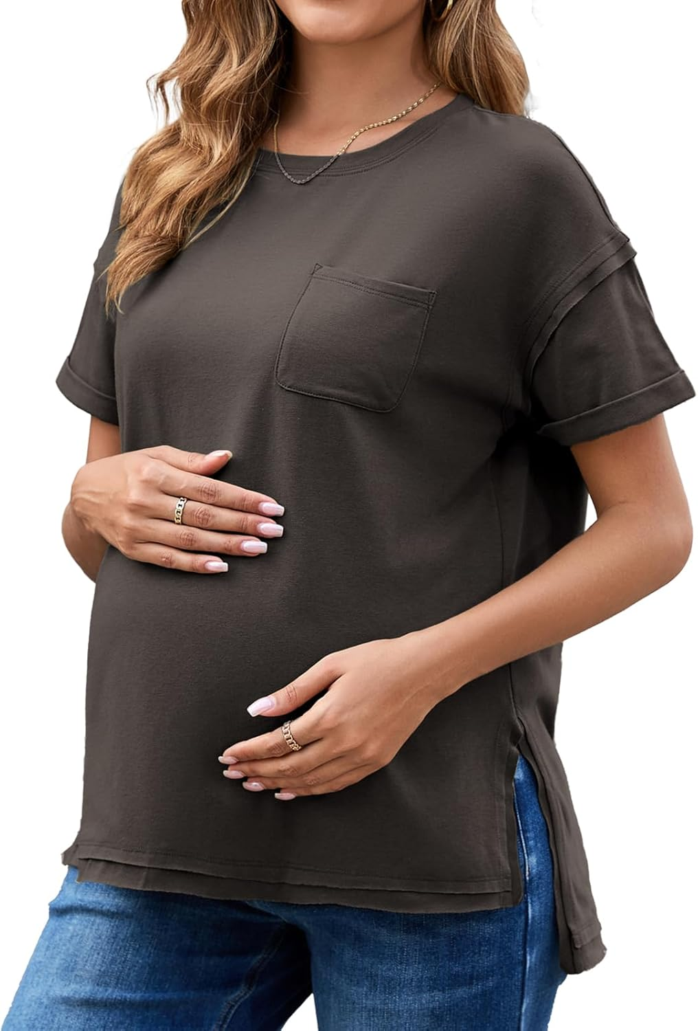 Ecavus Women'S Maternity T-Shirt Oversized Short Sleeve Loose Fit Cotton Blend Pregnancy Top Casual Wear
