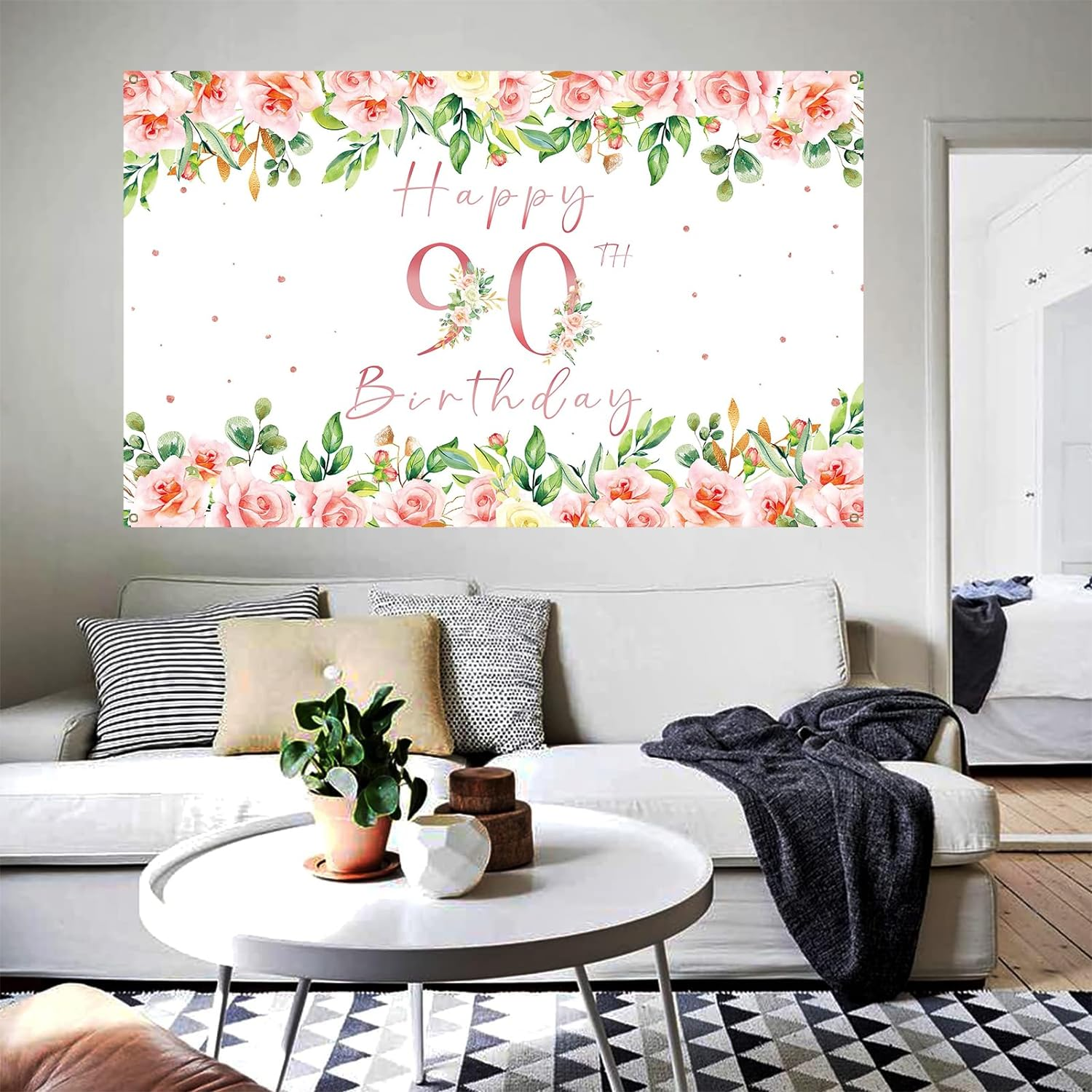 Crenics 90Th Birthday Decorations for Women, Rose Gold Floral Happy 90Th Birthday Banner Backdrop for Female 90 Birthday Party Supplies, 5.9 X 3.6 Ft image number 4