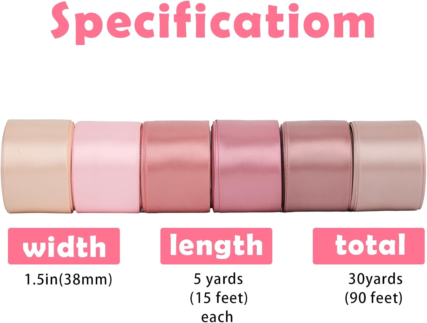 6 Rolls Ribbons for Flower Bouquet, 1.5 Inch X 30 Yards Double Face Satin Ribbon Dusty Rose Wedding Ribbon Pink Silk Ribbon for Gift Wrapping Crafts Wedding Invitation Parties Baby Shower (6 Colors) image number 4