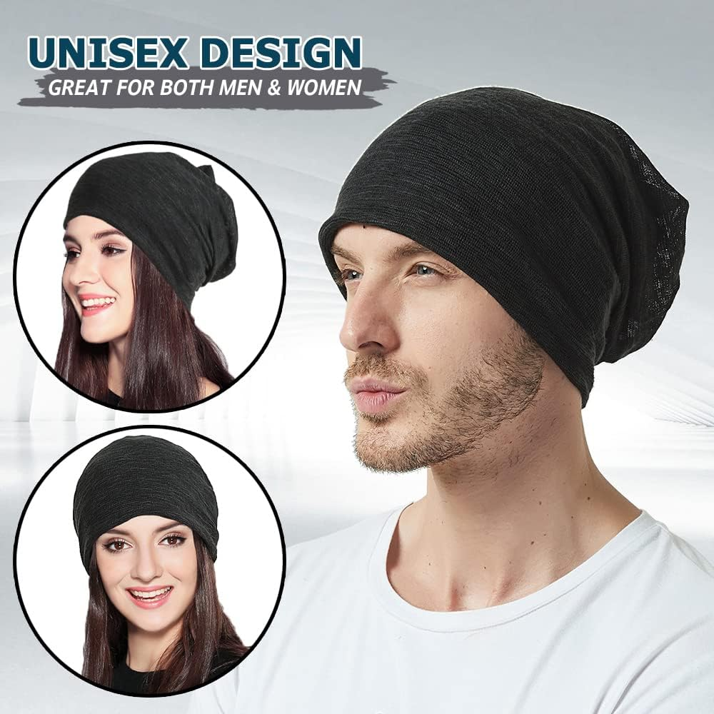 EISNEKY Beanie for Men & Women - Lightweight Breathable Thin Headwear for Running, Sleeping, Chemotherapy | All-Season Comfort Beanies Cap with Moisture-Wicking - Black + Gray image number 4