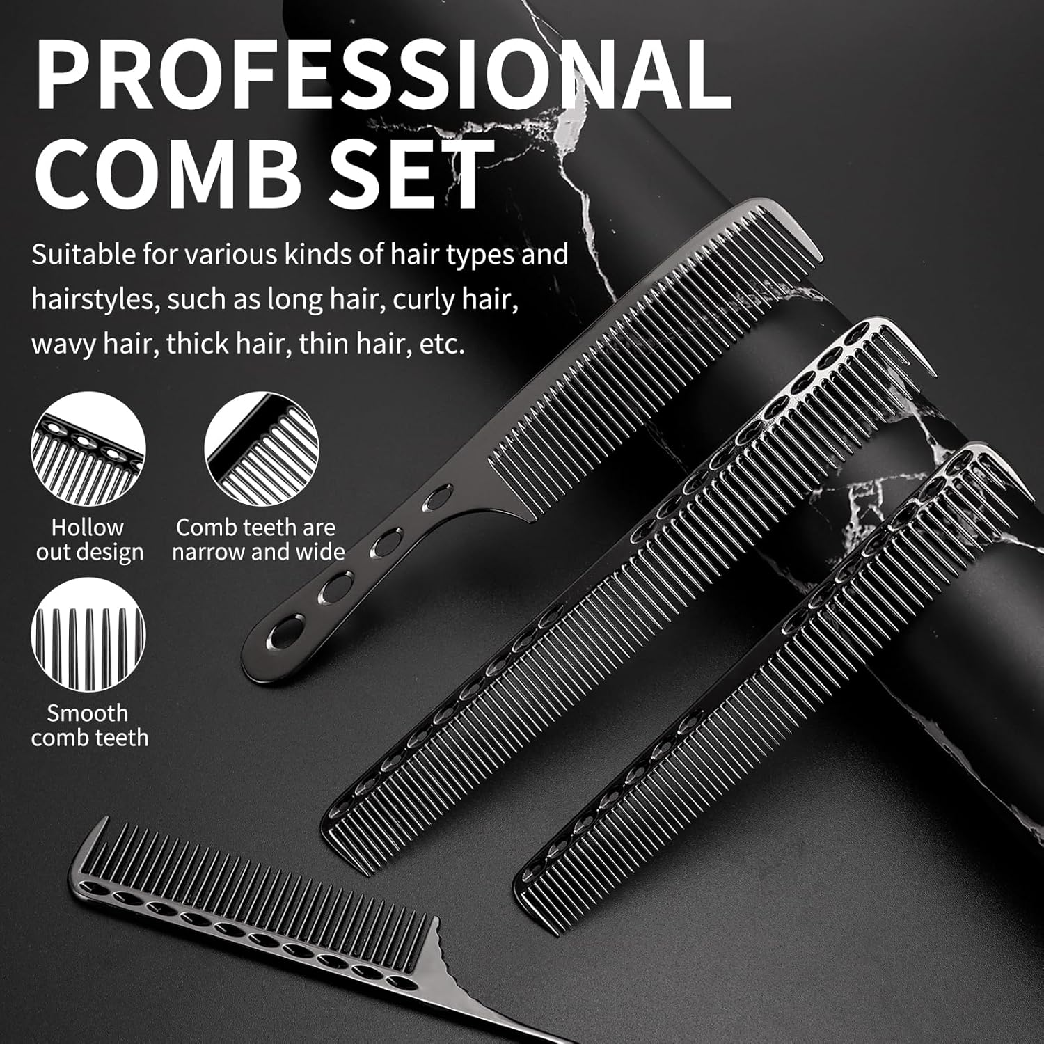 CGBARBER 4 Types Aluminum Hair Combs for Cutting Stainless Steel Hair Tail Metal Comb (Black) - Rose Gold image number 3