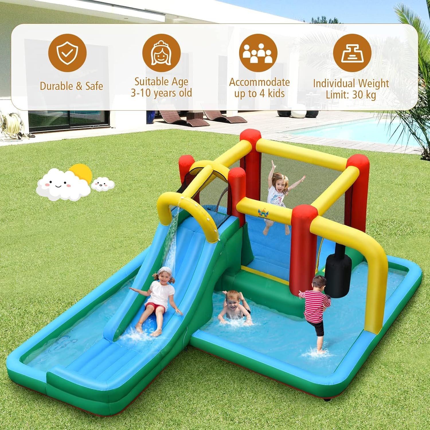 HONEY JOY Inflatable Water Slide, 6-In-1 Kids Water Slide Jumping Bounce House, Inflatable Pool with Slide, Climbing Wall, Tunnel, Pendulum, Blow up Water Slides for Backyard (Without Blower) image number 2