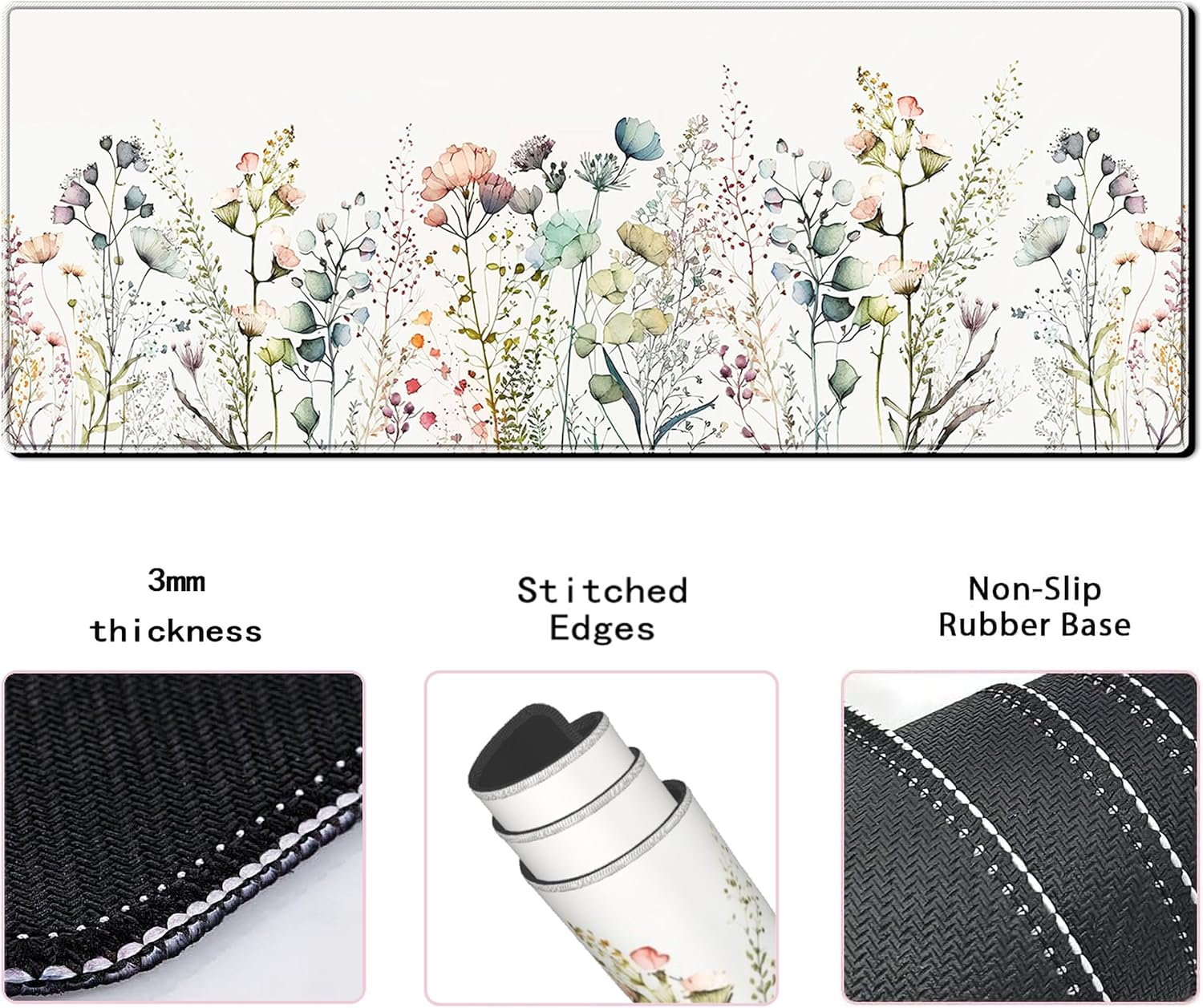 Flower Mouse Pad Large Desk Mat, 31.5X11.8 Inch Mousepad Extended Non-Slip Rubber Base Keyboard Mat with Stitched Edges for Desk Home Office image number 4