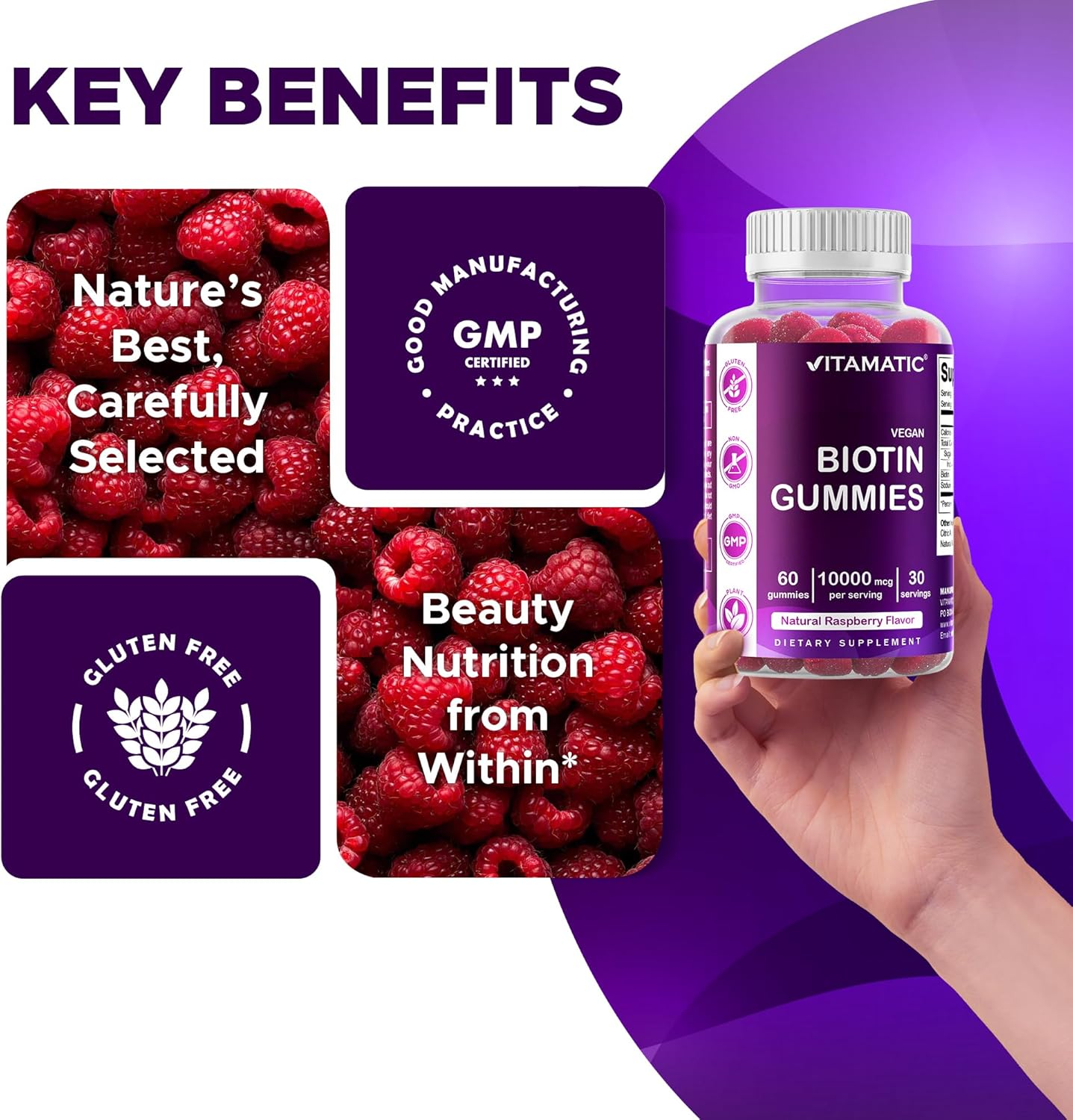 Vitamatic Biotin Gummies 10,000 Mcg for Stronger Hair, Skin & Nails - 60 Vegan Gummies - Also Called Vitamin B7 image number 4