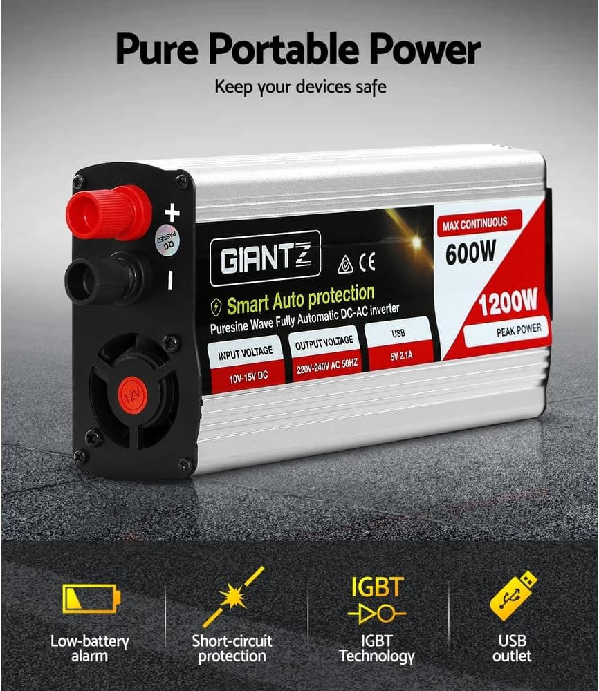 Giantz Power Inverter, 600W/1200W 12V to 240V Electric Portable Pure Sine Wave Inverters Adapter Convertor Camping Car Boat Caravan Laptop Accessories, Convenient USB Output Silver image number 3