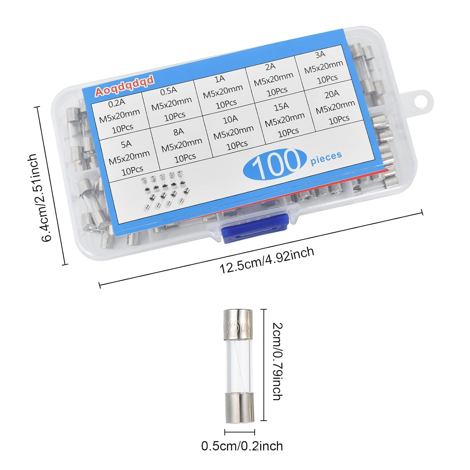 100 Pack 10 Values Fast-Blow Glass Fuse Assortment Kit, 250V 0.2A 0.5A 1A 2A 3A 5A 6A 8A 10A 15A Tube Fuses Mini Fuse, 5X20Mm Fuse, Packag in a Clear Plastic Box image number 1