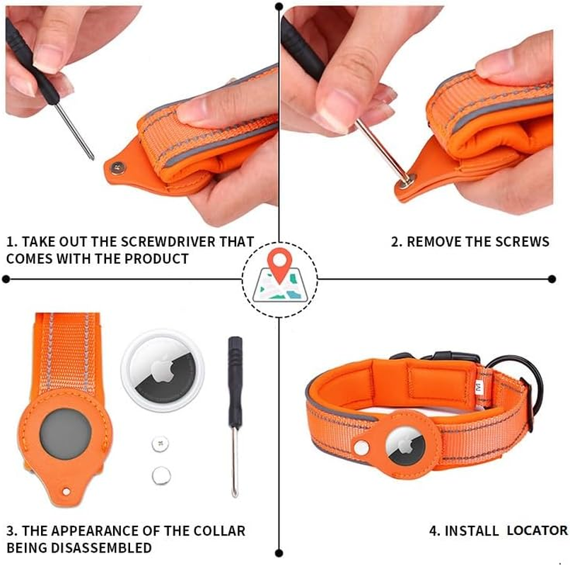 Soft Breathable Padded Leather Dog Collar with Airtag Holder, Heavy Duty Dog Collar with Metal Buckle for Medium Large Dogs (Orange, XL) image number 3