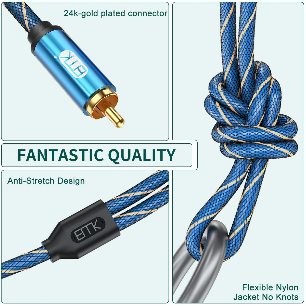 EMK 2RCA Cable Jack 3.5Mm to 2 RCA Audio Aux Cable Nylon Braided Male to 2Rca Cables AUX Cord for Smartphone, Amplifier, Speaker, Subwoofer, TV, Car Stereo (3Meters) image number 4