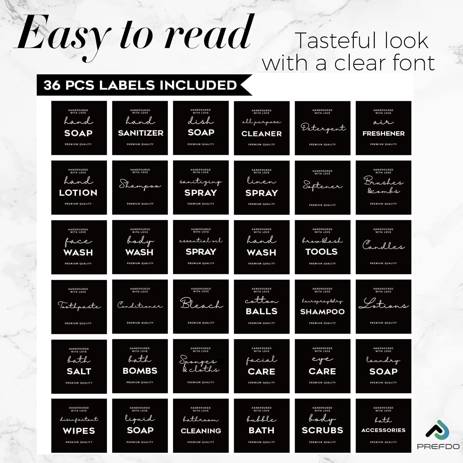 36 PCS Printed Label Stickers for Bottles, Prefdo Waterproof Minimalist Farmhouse Labels for Bathroom Kitchen Hand Soap Shampoo Conditioner Lotion Dispenser Bottles Containers(Black) image number 4