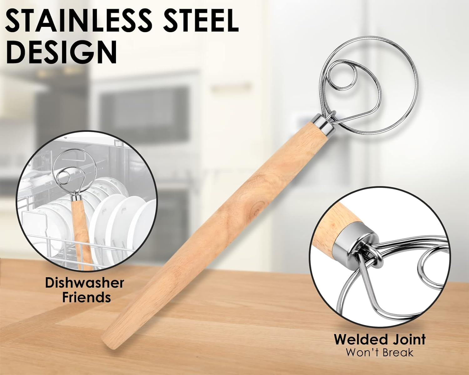 DS. DISTINCTIVE STYLE Danish Dough Whisk 13 Inch 304 Stainless Steel Sourdough Bread Whisk Wooden Handle Bread Whisking Tool, Dough Mixer for Baking Bread, Eggs and Peanut Butter
