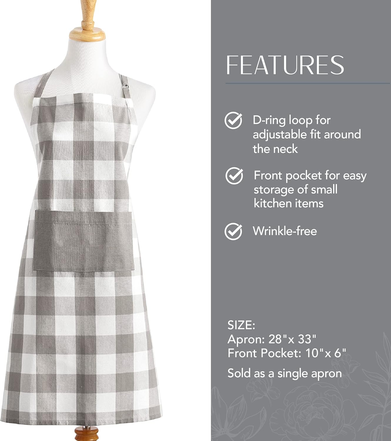 Elrene Home Fashions Farmhouse Living Buffalo Check Collection, Cotton, Gray/White, 28" X 33" (Apron)