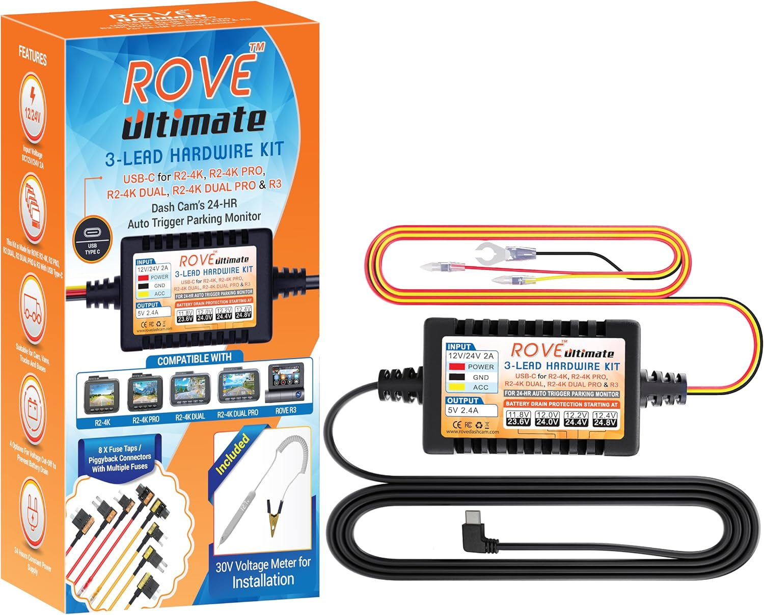 Dash Cam Hardwire Kit | USB Type C Port | for ROVE R2, R2-PRO, R2-Dual and R3 Dash Cam Models | Check Compatibility Image before Purchasing