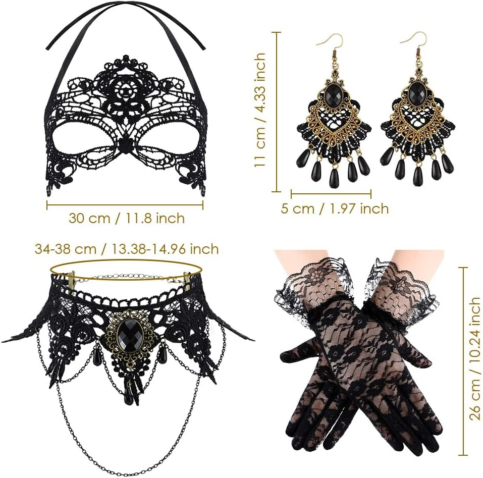 WOTOW 4Pcs Halloween Masquerade Costume, Women Girls Black Gothic Choker Lace Mask Elegant Mesh Lace Gloves Retro Earring for Victorian Steampunk Jewelry Party Wedding Cosplay Suit image number 3