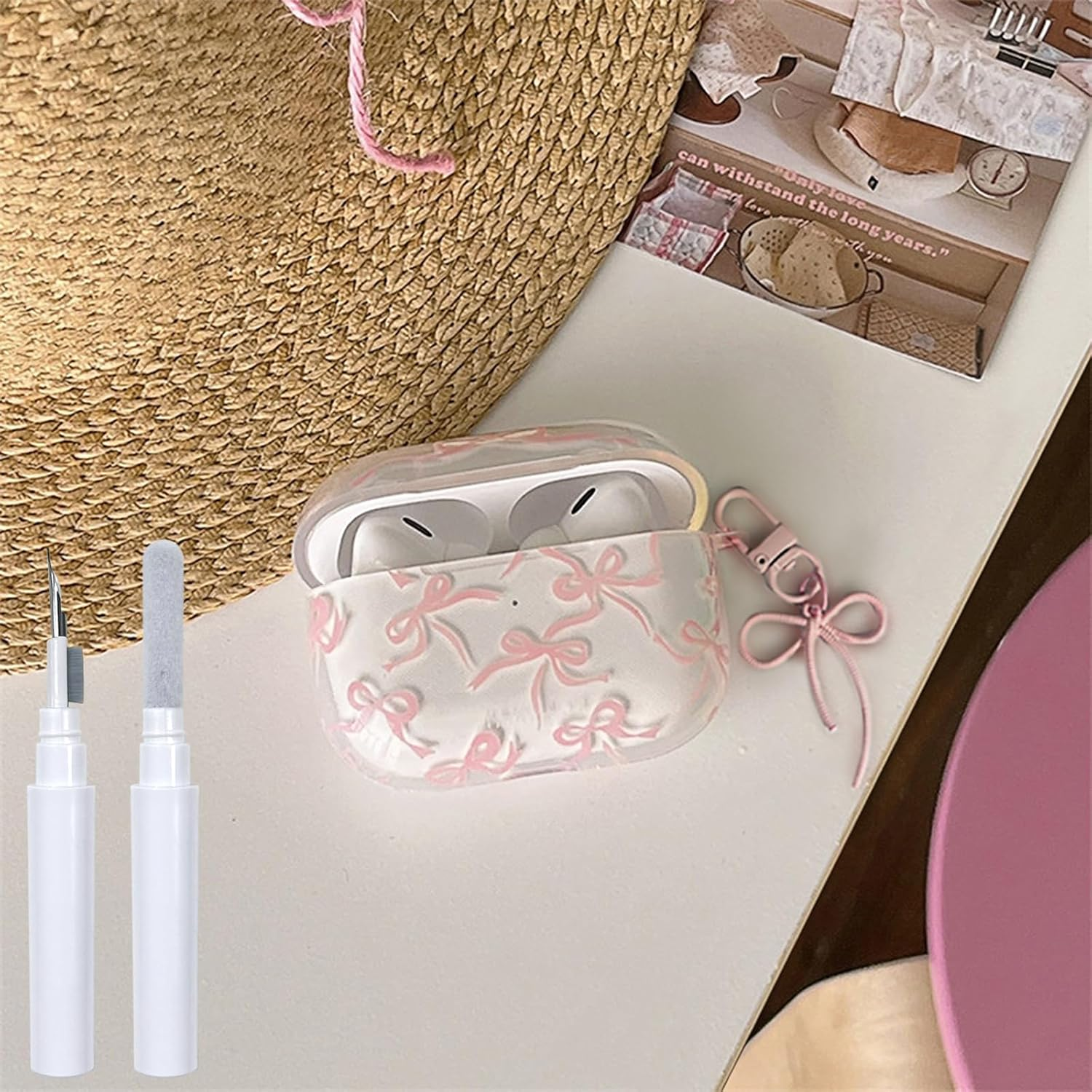 Case for Airpods 4 with Cleaner Kit Soft Cute Bow Pattern Fashion Design Bowknot Aesthetic Shockproof Keychain Headphone Cases for Airpods 4-Pink image number 5