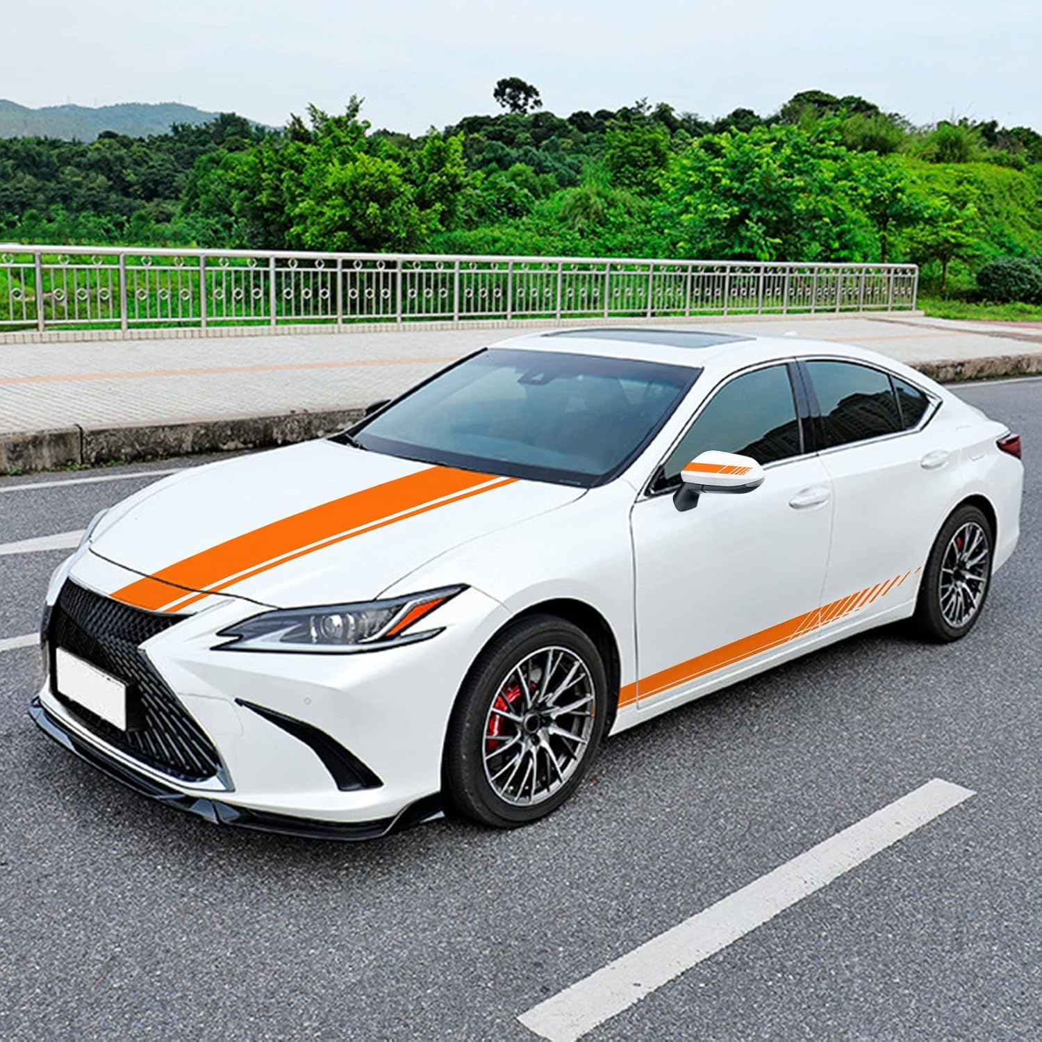 5PCS Car Hood Car Body Rearview Mirror Modified Sport Style Stripe Sticker Graphic Vinyl Racing Stripe Decal Decoration Accessories Sticker for Cars Orange image number 4