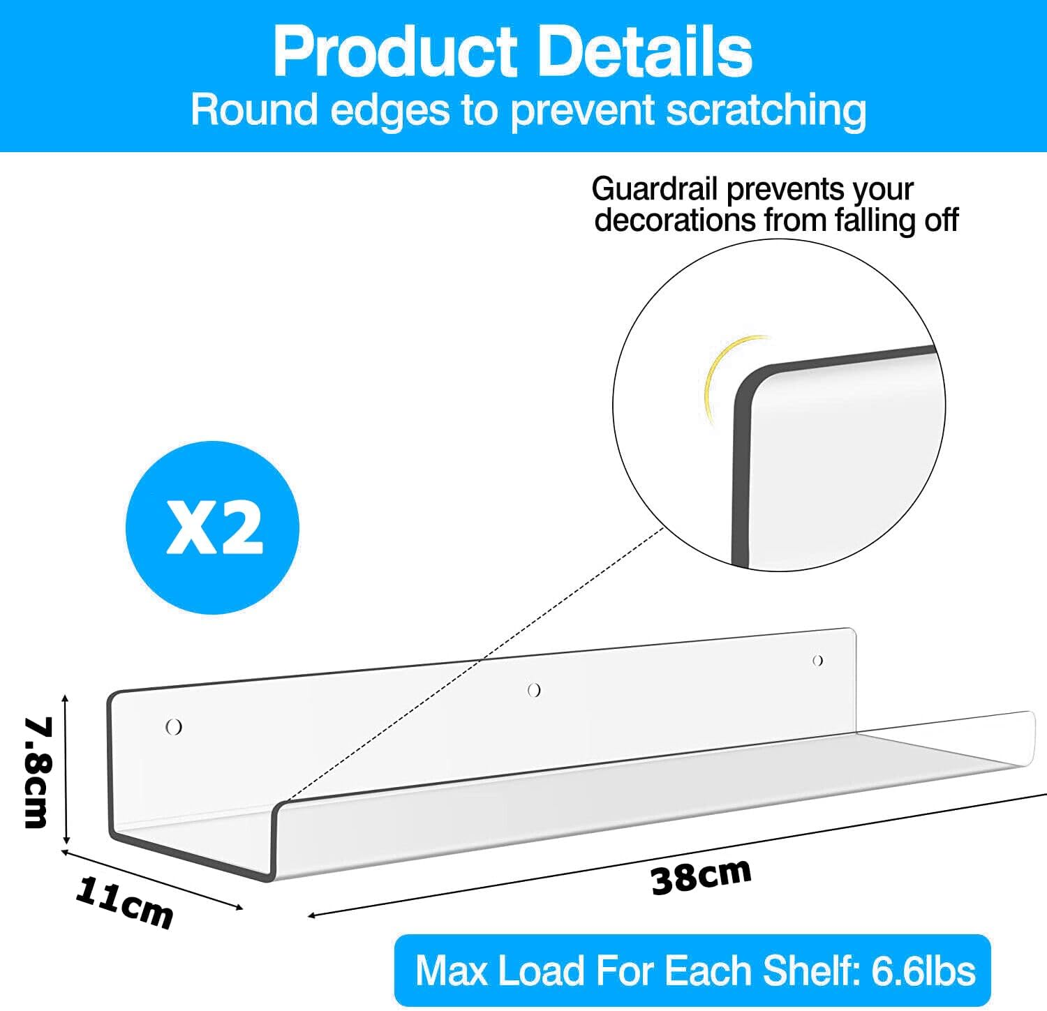2 Pack Clear Acrylic Shelves 15 Inch, Invisible Floating Bookshelf, Floating Wall Mounted Shelf for Bedroom, Living Room, Bathroom image number 4