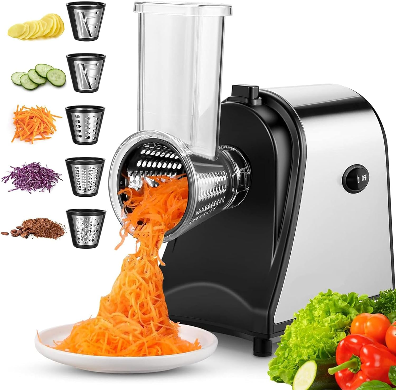 Electric Cheese Grater, 250W Multifunctional Electric Vegetable Cutter Slicer, 5 in 1 Electric Grater with Large Direct Inlet and 5 Different Blades for Vegetables Block Cheese and Fruits image number 5