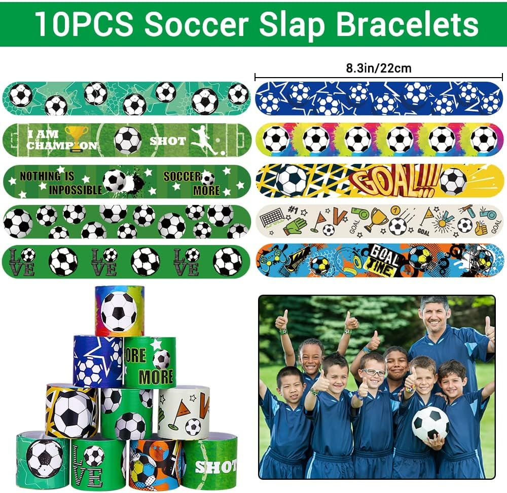 YUJUN 112 PCS Soccer Party Favors Set , Soccer Toy Soccer Fidget Spinners Slap Bracelet Whistle Tattoos Stickers Keychains for Kids Soccer Themed Birthday Party Favors Goodie Gifts Bags Decorations image number 4