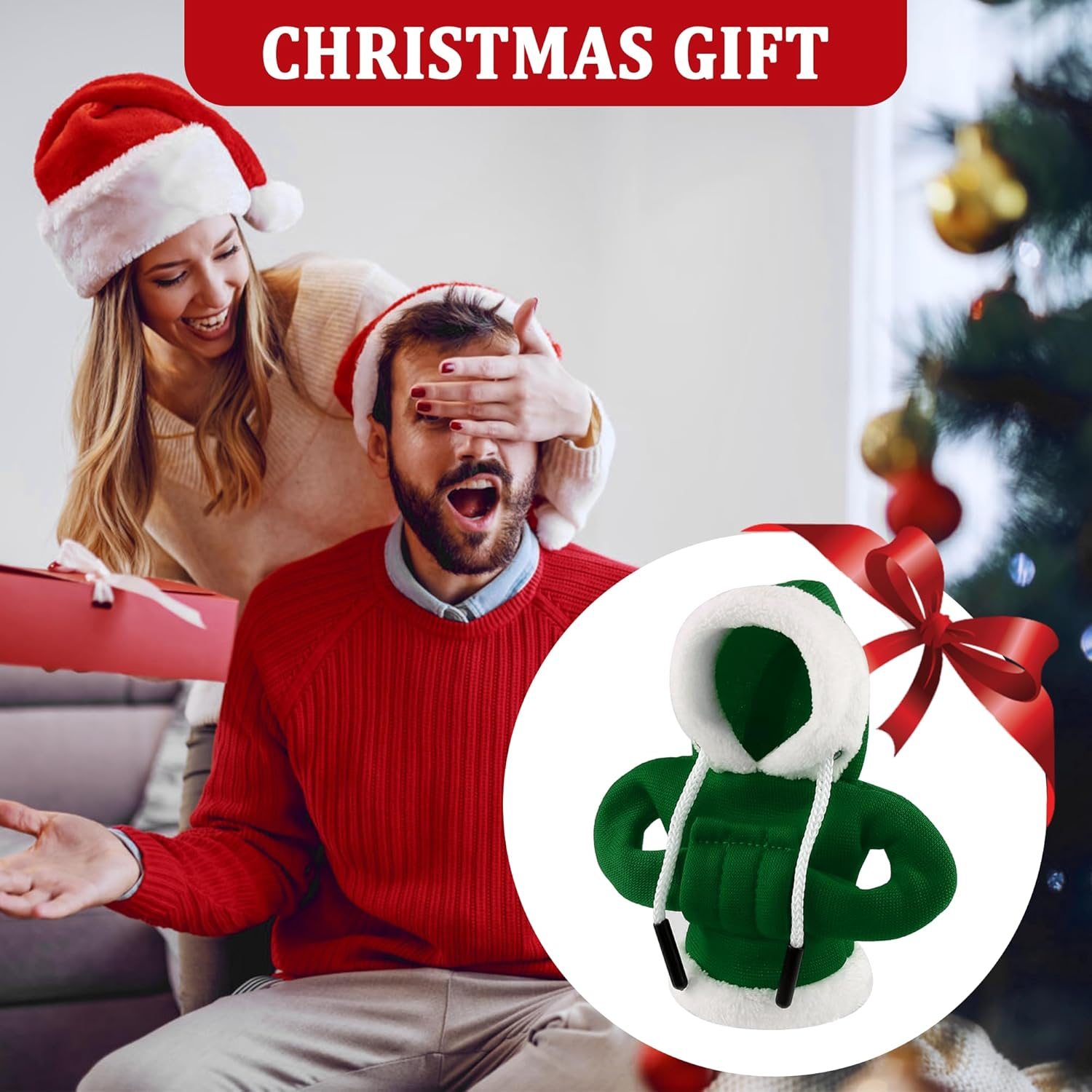 OFBAND Hoodie Car Gear Shift Cover,Christmas Car Decor Gear Shift Knob Cover for Manual/Automatic Shift Knob,Universal Interior Car Accessories Hoodie for Gearr Shifter Knobs (Christmas Green) - Christmas Red image number 3
