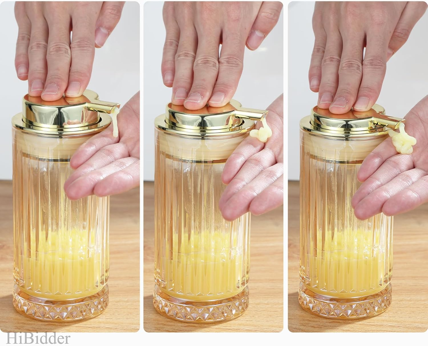 Glass Liquid Soap Dispenser with Gold Pump, Liquid Hand Soap Dispenser for Bathroom, Kitchen, Modern Home Decor （Liquid Type/Clear） B32-3-AU image number 6