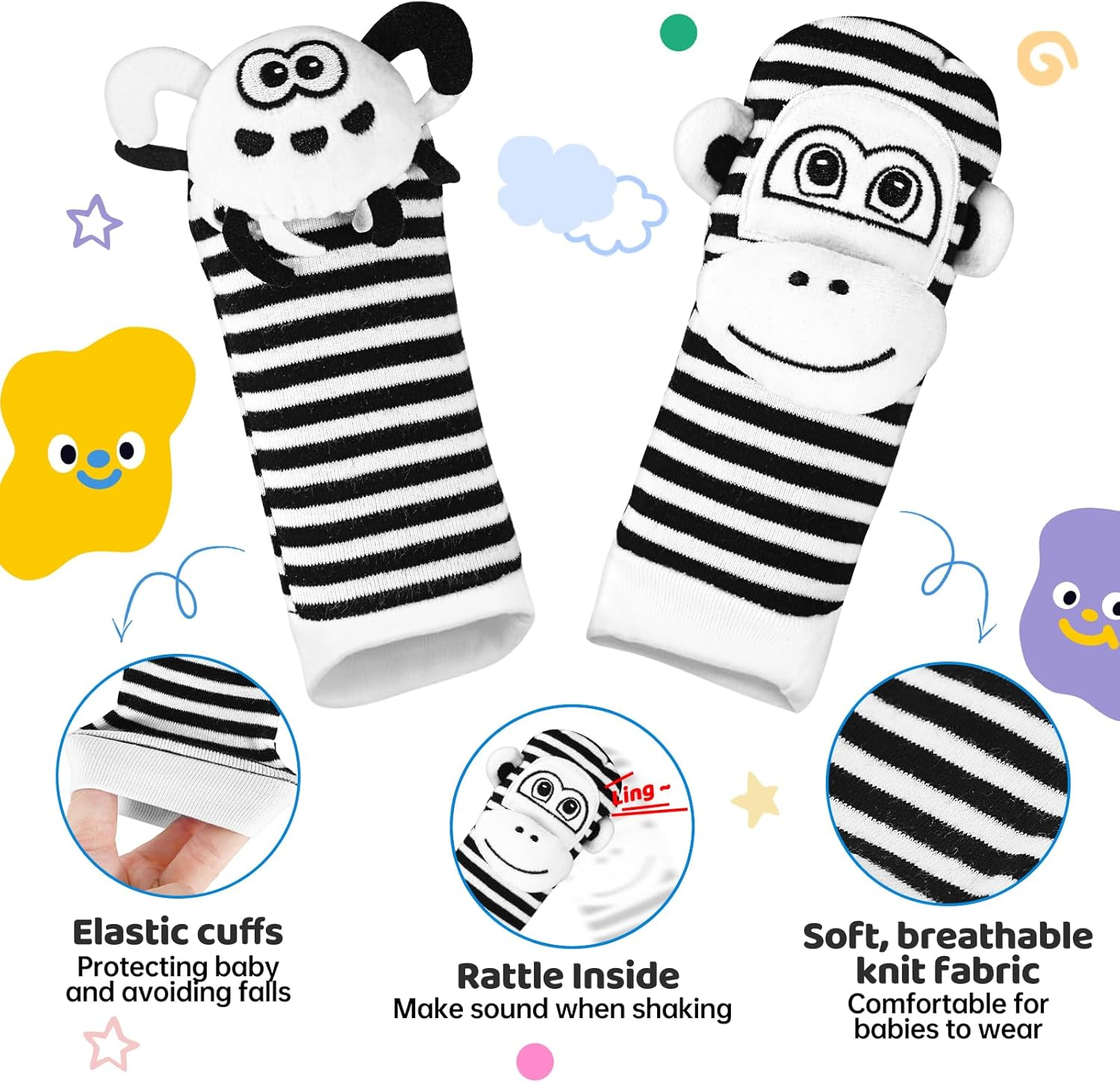Baby Socks & Wrist Rattles Toys for 0-12 Month,Black and White High Contrast Baby Toys 0-6 Months,Baby Boy Girl Gifts 0-3 3-6Month Toy,2 3 4 Month Old Baby Toys,Infant Sensory Newborn Toys image number 4