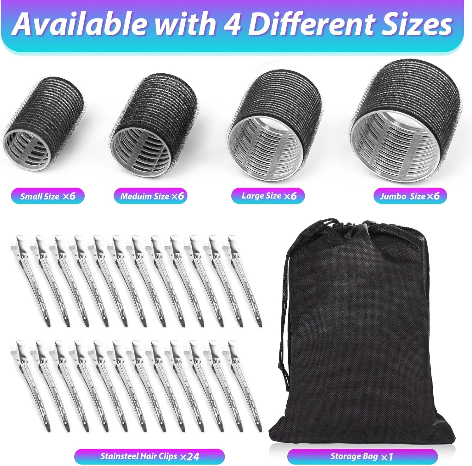 Shynek Rollers Hair Curlers 48 Pcs Set with 24Pcs Hair Rollers 4 Sizes (6 Jumbo Rollers/6 Large Rollers/6 Medium Rollers/6 Small Rollers) and 24 Pcs Hair Clips for Long Medium Short Hair (Black) - Purple image number 4