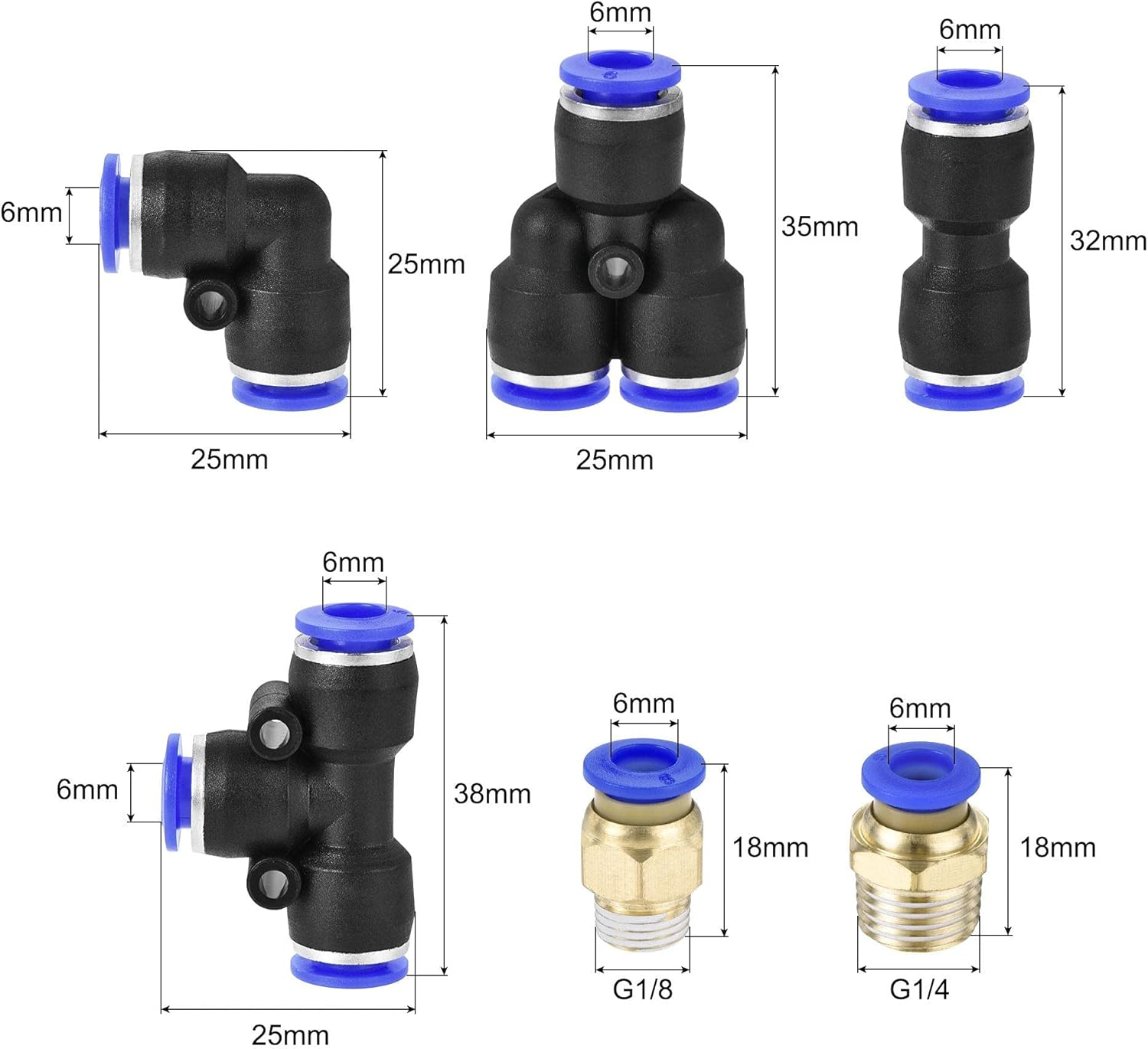 Uxcell Pneumatic 6Mm OD Polyurethane PU Air Hose Tubing Kit 10 Meters Blue with 12 Pcs Push to Connect Fittings image number 2