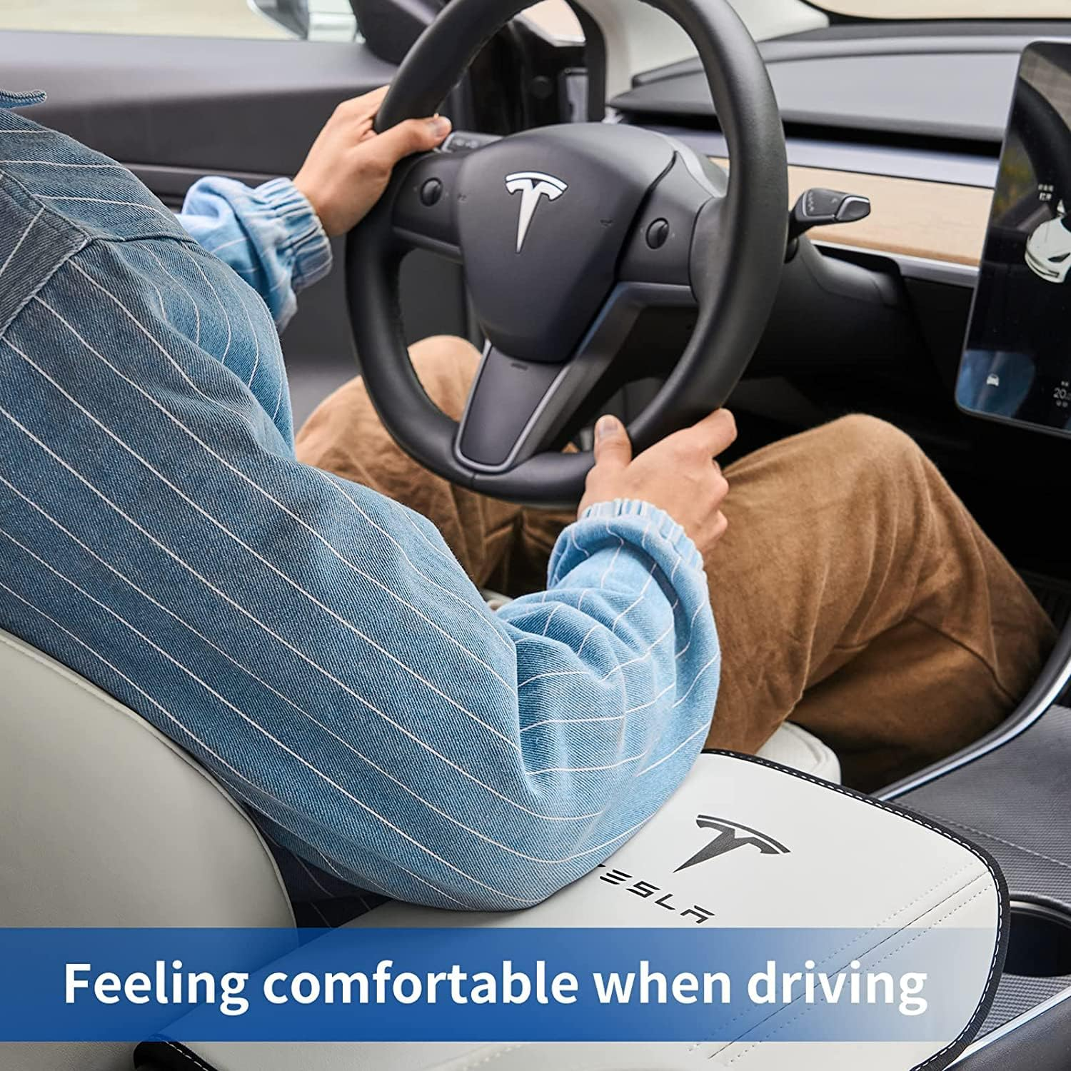 Car Armrest Cover for Tesla Model 3 Model Y,Hoidokly PU Leather Center Console Protector Pad Automobile Waterproof Armrest Box Mat for Model 3 Model Y (White)