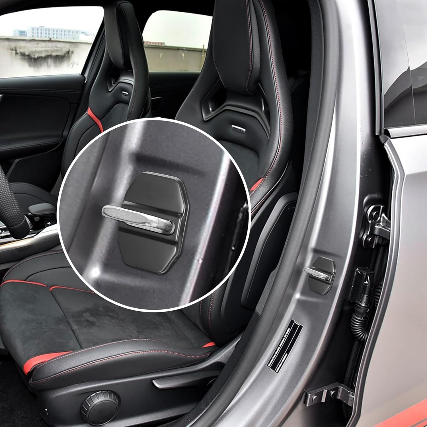 4Pcs Car Door Lock Latches Cover Protector Compatible with Mercedes-Benz AMG (A S M C E CLS GL CLA GLE GLC) GTA Accessories Stainless Steel Car Door Lock Sport Style Decorations (Blakk) image number 6