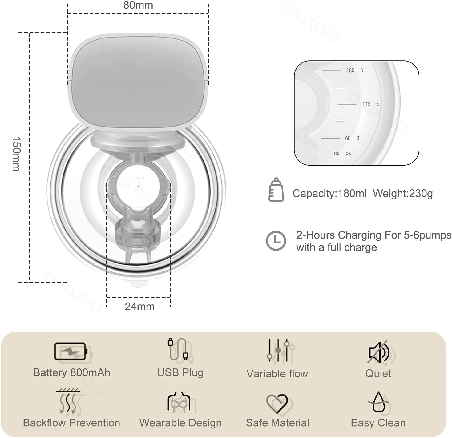 QIUXQIU Double Wearable Breast Pumps Electric Hands-Free Breast Milk Extractor Spill-Proof Ultra-Quiet Pain Free Breastpump with 2 Mode&5 Levels USB Rechargeable Battery Breast Milk Pump (Grayx2)