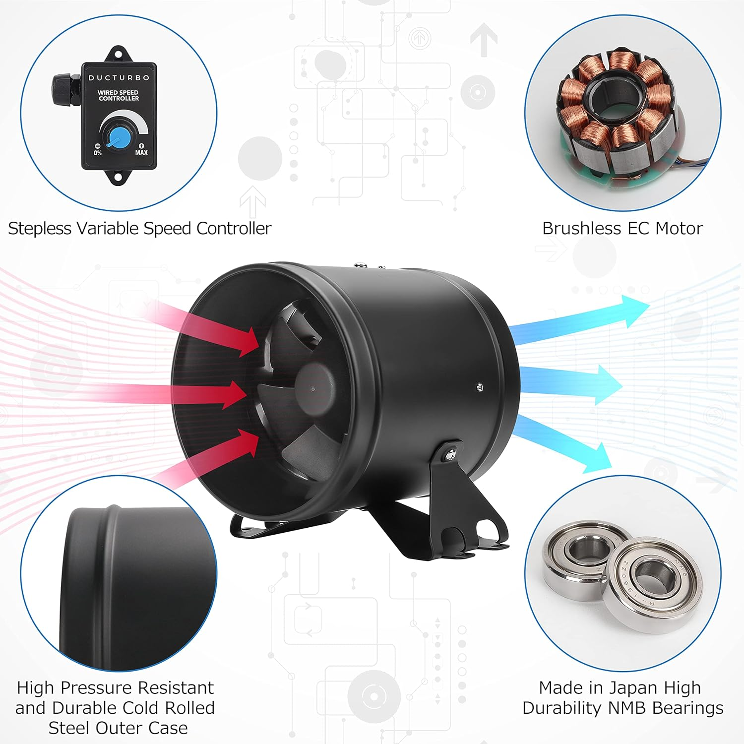6 Inch Inline Duct Fans, 350 CFM Ventilation Exhaust Fan Ideal for Indoor Heating Cooling Transfer or Grow Tents Air Boosting, with Variable Speed Controller image number 1