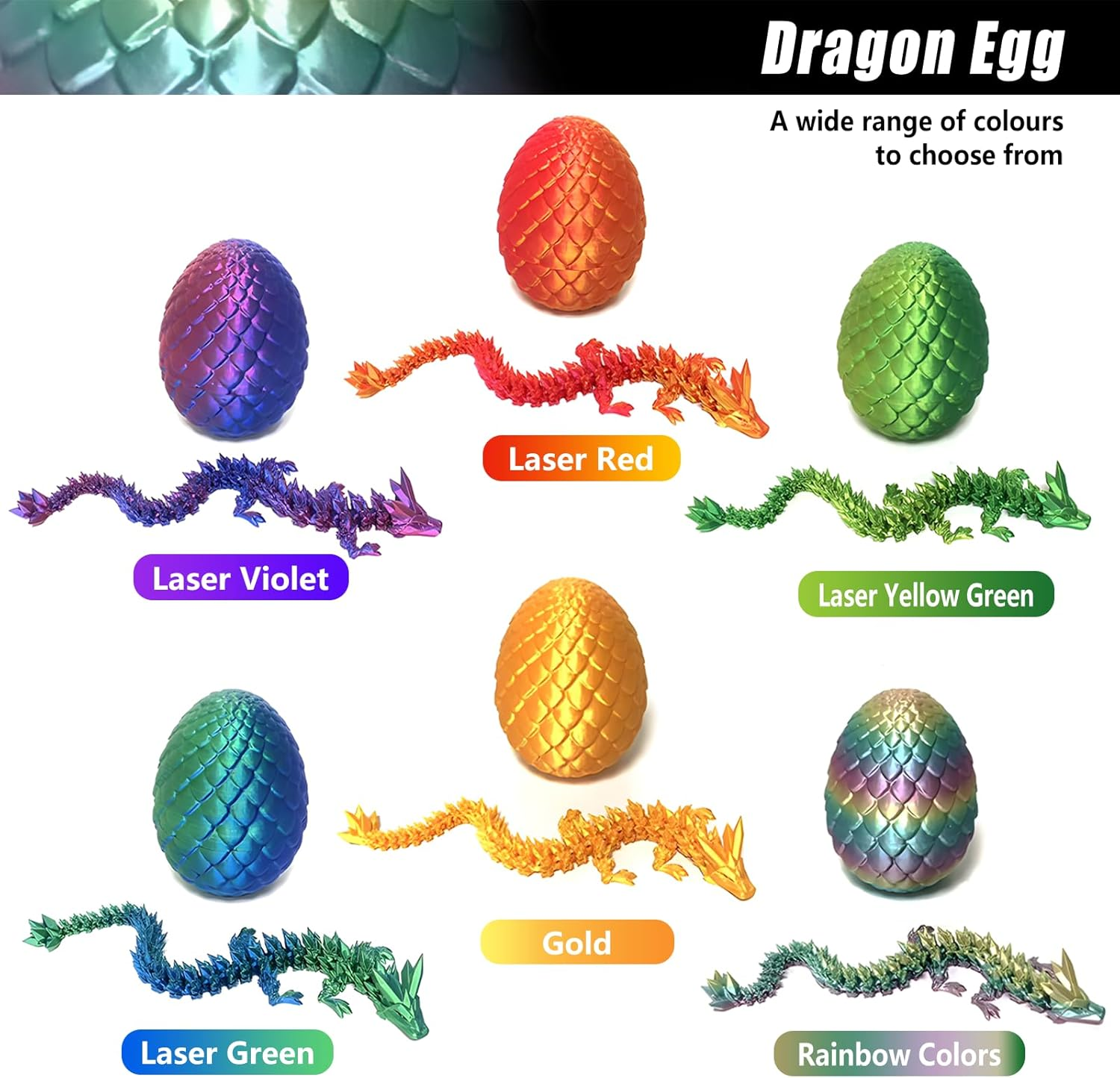 3D Printed Crystal Dragon Fidget Toy for Adults - Articulated Posable Surprise in Egg - Gifts for Home Office Desk Decor (Colorful) - Gold image number 7