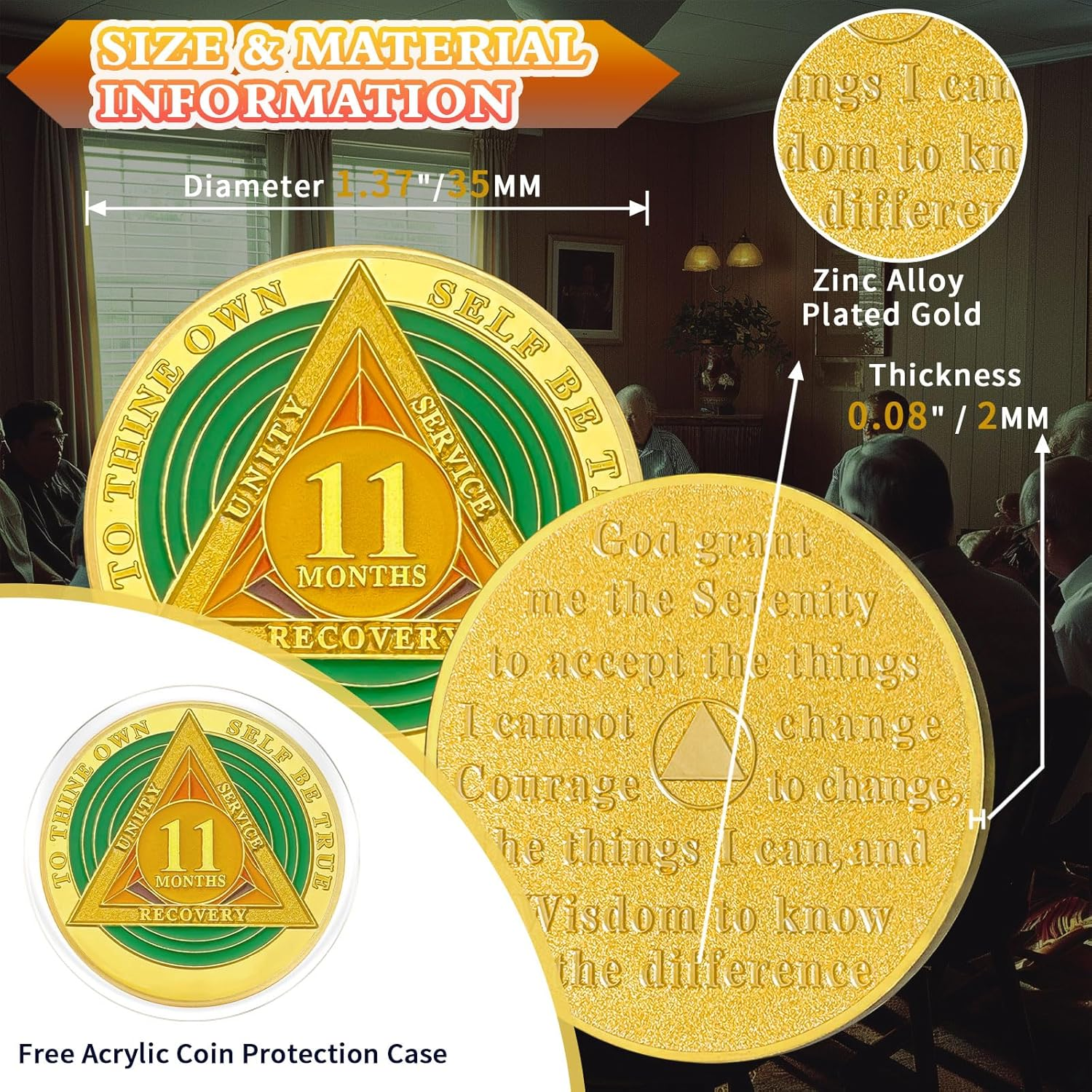 Green Triangle 11 Month Sobriety Coin Eleven Month Sober Gold Coin Rainbow Sobriety Chip AA Chips and Medallion AA Coin Recovery Chip Sobriety Token Sobriety Gifts for Women Men image number 5