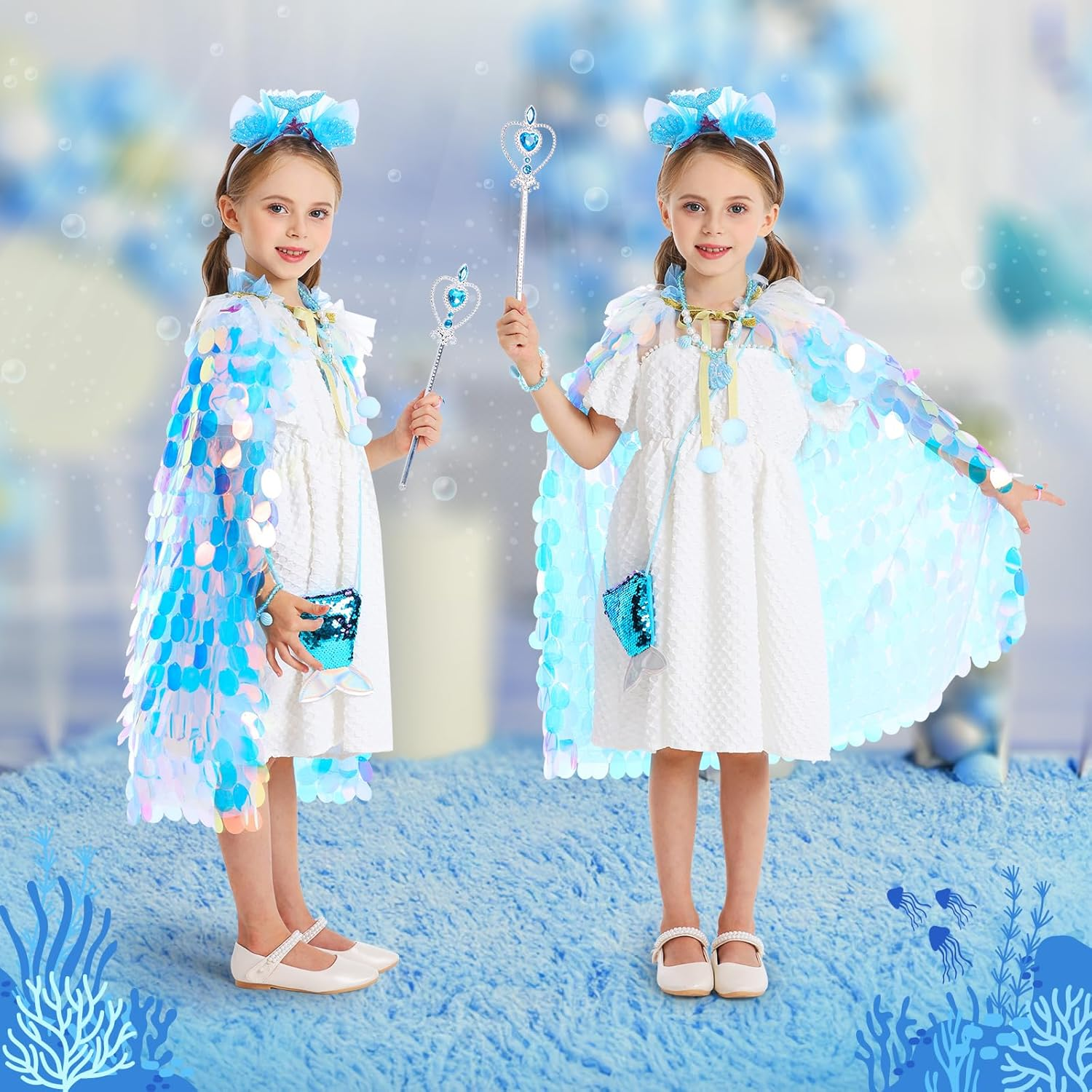Princess Dress up Toys Princess Dress up Clothes Rainbow Mermaid Cape Kit 9 Pcs Gift Set for Little Girls 3-8 Years Old (Blue) - 11 - Cloak Rainbow Purple image number 6